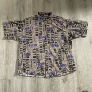 VINTAGE Harley Davidson XXL 1999 Themed Spell Out Work Shirt Button Front
